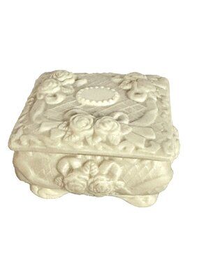 Vintage Porcelain Bisque Trinket Box Jewelry Storage Lidded Roses Floral Velvet